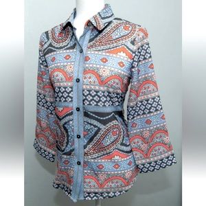 Gretchen Scott Blouse size XS Long SLV Button Down orange Blue white Shirt Top